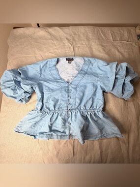 Step In Style Denim Chambray Blouse Top XL Puff Sleeve Peplum V-Neck